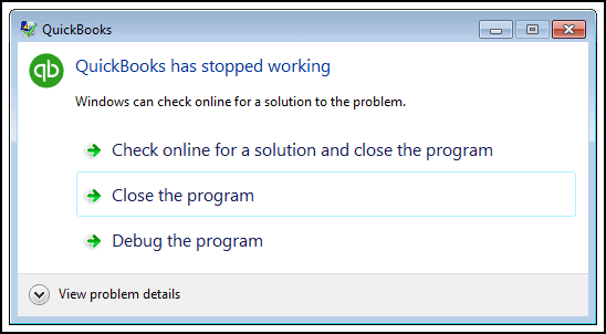 Error QuickBooks Has Stopped Working Screenshot