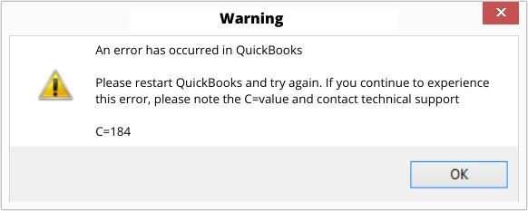 QuickBooks Error C=184 Message Screenshot