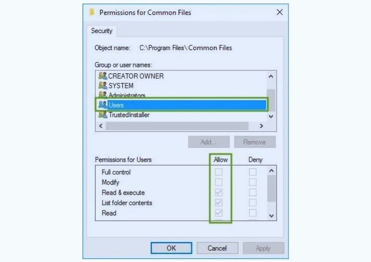 Windows Permissions for Common Files Screenshot