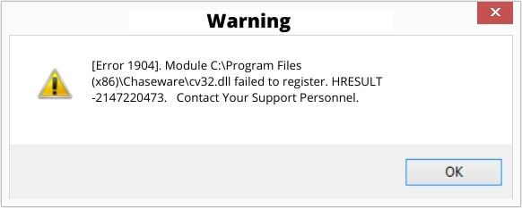 Error: QuickBooks Error Code 6190
Error message: Error 1904: [file path / name / extension] failed to register