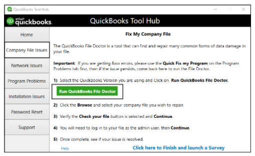 QuickBooks tools hub and open the tool following by choosing the company file issues 